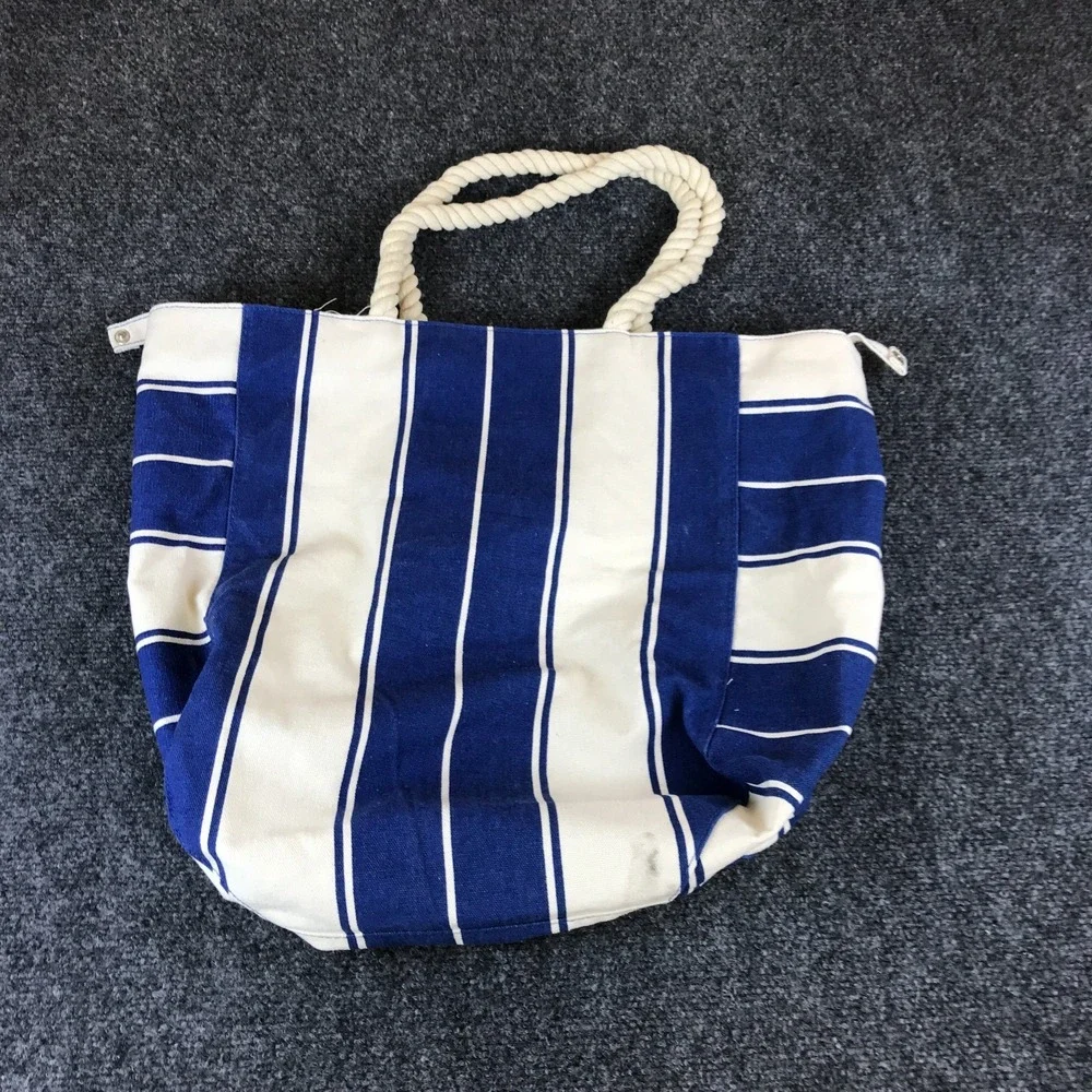 Lancôme Paris Tote Bag White Blue Striped Canvas Rope Double Handle Shopping Bag